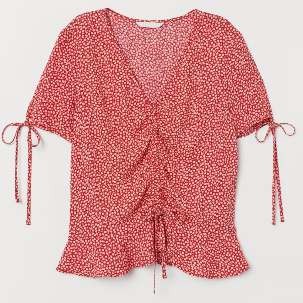 H&M Top Womens Red Ditsy Floral Short Tie Sleeve V-Neck Ruched Viscose 90s Fairy